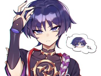 1boy armor black_bodysuit black_nails black_sleeves blunt_ends bodysuit bright_pupils commentary covered_collarbone english_commentary eyeliner eyeshadow genshin_impact glint gold hand_in_own_hair hand_up japanese_armor jewelry kote kurokote looking_at_viewer makeup male_focus mandarin_collar mitsudomoe_(shape) moo_(moo_8986) neck_ring parted_lips portrait purple_eyes purple_hair purple_rope purple_sleeves red_eyeliner red_eyeshadow rope scaramouche_(genshin_impact) shimenawa shoulder_peek single_sode solo spoken_character tomoe_(symbol) tsurime two-sided_sleeves white_background white_mouth white_pupils white_rope wispy_bangs