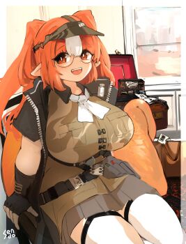 1girl absurdres arknights black_gloves breasts commentary_request fangs fingerless_gloves glasses gloves highres indoors jacket large_breasts long_hair looking_at_viewer open_mouth orange_eyes orange_hair pointy_ears reptile_girl semi-rimless_eyewear sendoislife sitting skirt snake_girl snake_tail solo suitcase tail thick_tail thighhighs under-rim_eyewear visor_cap white_thighhighs wulfenite_(arknights) zettai_ryouiki