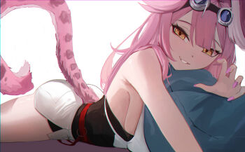 1girl absurdres animal_ears ass bare_shoulders blush breasts claw_pose commentary cushion fingernails goggles goggles_on_head highres hololive hololive_english large_breasts long_hair looking_at_viewer lying multicolored_hair nail_polish on_stomach panther_ears panther_girl panther_tail pink_hair pink_nails pink_tail pitespear raora_panthera raora_panthera_(1st_costume) shirt shorts sideboob simple_background smile solo streaked_hair tail thighs two-tone_hair virtual_youtuber white_background white_hair white_shirt white_shorts yellow_eyes