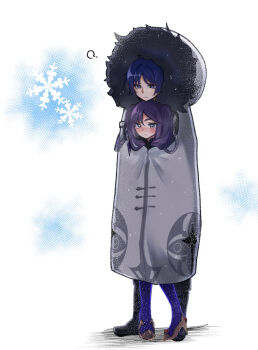 Rule 34 | 1boy, 1girl, ?, aiguillette, asymmetrical bangs, black boots, black hair, blunt bangs, blunt ends, blush, boots, bright pupils, clip studio paint (medium), closed mouth, coat, commentary request, couple, embarrassed, eyeliner, eyeshadow, fatui coat, fatui logo, food on foot, full body, fur-trimmed coat, fur-trimmed hood, fur trim, gem, genshin impact, gold shoes, grey eyes, hair between eyes, hetero, high heels, highres, hood, hood up, kgt1mzp8wzk83g6, lapels, long hair, looking at another, looking down, makeup, making-of available, mona (genshin impact), parted bangs, purple eyes, purple hair, purple thighhighs, red eyeliner, red eyeshadow, red gemstone, scaramouche (genshin impact), shared clothes, shared coat, shoes, sidelocks, snowflakes, thighhighs, tsurime, twintails, white background, white coat, white hood, white pupils, wispy bangs