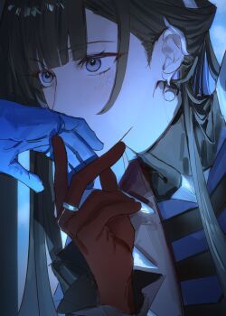 2girls black_hair blue_gloves cerydra_(conquest)_(honkai:_star_rail) cerydra_(honkai:_star_rail) earrings gem gloves highres honkai:_star_rail honkai_(series) hysilens_(conquest)_(honkai:_star_rail) hysilens_(honkai:_star_rail) jacket jewelry kiss kissing_hand light_blush long_hair mii_(mii_10297) military_jacket multiple_girls pearl_(gemstone) purple_eyes red_gloves ring sidelocks single_earring solo_focus very_long_hair