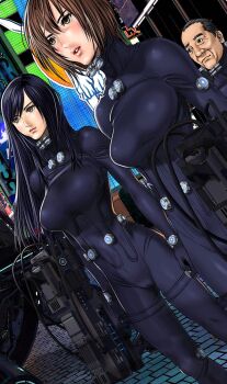 1boy 2girls balding black_bodysuit black_eyes black_hair bodysuit breasts brick_floor brown_eyes brown_hair closed_mouth dutch_angle gantz gantz_suit gun hair_between_eyes highres holding holding_gun holding_weapon large_breasts latex latex_bodysuit lips long_hair mature_male multiple_girls neon_lights night oku_hiroya parted_lips shimohira_reika short_hair skin_tight standing suzuki_yoshikasu town very_short_hair weapon wrinkled_skin yamasaki_anzu yellow_eyes z-gun