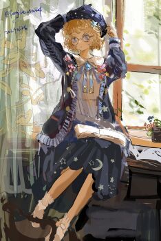 1girl absurdres artist_name beret black-framed_eyewear blonde_hair blue_bow blue_dress blue_eyes blue_sweater book book_on_lap bow chinese_commentary commentary_request curtains dated dress flower_pin frilled_sleeves frills glasses hand_up hat helena_adams helena_adams_(starlight_maiden) highres identity_v looking_at_viewer moon_print pin round_collar see-through_clothes see-through_sleeves short_hair socks solo star_pin sweater white_socks window zhehua_zengyue