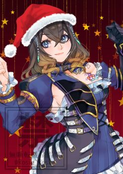 1girl black_hair bloodstained:_ritual_of_the_night bloodstained_(series) blue_eyes breasts brown_hair cleavage detached_sleeves dress gauntlets gradient_hair hair_between_eyes hair_ornament hat horns large_breasts looking_at_viewer miriam_(bloodstained) multicolored_hair rosie_rosie smile