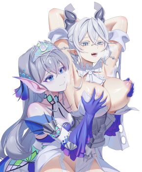 2girls armpits arms_behind_head blue_eyes blush breasts cleavage dress drill_hair duel_monster grabbing_another&#039;s_breast grey_eyes grey_hair groping highres kitkallos_(yu-gi-oh!) long_hair lovely_labrynth_of_the_silver_castle multiple_girls nipple_stimulation nipples open_mouth rare_lemon simple_background slit_pupils strapless strapless_dress tearlaments_kitkallos twin_drills white_background white_dress yu-gi-oh! yuri