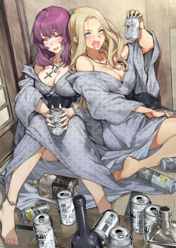 2girls alcohol anklet artist_name barefoot beer_can blonde_hair blue_eyes blush bottle brand_name_imitation breasts can commentary_request copyright_request cross cross_necklace crossed_bangs dog_tags drink_can drooling drunk earrings fang feet grey_kimono holding holding_can indoors japanese_clothes jewelry kimono large_breasts long_hair long_sleeves looking_at_viewer mouth_drool multiple_girls necklace obi off_shoulder open_mouth patterned_clothing purple_hair ring saeki_shun sash sitting smile strong_zero table tatami toes very_long_fingernails whiskey wide_sleeves wine_bottle yellow_eyes yokozuwari yukata