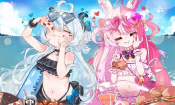 2girls =_= absurdres akugaki_koa animal_ears antenna_hair beach bikini bikini_skirt black_bikini black_choker black_horns black_nails blue_bow blue_hair blue_sky blush bow bowtie breasts burger choker chromashift closed_eyes collar commentary crescent crescent_hair_ornament cup day demon_girl demon_horns drinking_glass drinking_straw eating english_commentary food foodgasm frilled_bikini frilled_collar frilled_wrist_cuffs frills glass hair_bow hair_ornament hair_rings hand_on_own_cheek hand_on_own_face heart heart-shaped_eyewear heart_antenna_hair highleg highleg_bikini highres holding holding_burger holding_food holding_pizza horizon horns lalabell_lullaby lens_flare long_hair loving_aura lupinus_lullaby multicolored_hair multiple_girls navel nean_black ocean pendant_choker pink-tinted_eyewear pink_bow pink_hair pink_nails pizza pizza_slice pointy_ears pouch purple_bow purple_bowtie purple_nails rabbit_brooch rabbit_ear_panties rabbit_ears second-party_source signature sky small_breasts sparkle_hair_ornament split-color_hair star_ahoge stomach swimsuit tinted_eyewear transparent_innertube two-tone_hair very_long_hair virtual_youtuber white_bikini white_bow white_hair wine_glass wrist_cuffs