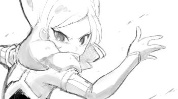 1girl beta_(inazuma_eleven) bodysuit coccofyze commentary double_bun dynamic_pose floating_hair hair_bun inazuma_eleven_(series) inazuma_eleven_go inazuma_eleven_go_chrono_stone long_hair long_sleeves looking_at_viewer monochrome solo white_background