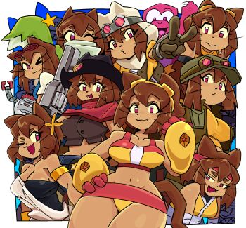 >_o 1girl 2boys alternate_costume ancient_greek_clothes animal_ears bikini black_hat blue_background breasts brown_hair cat_ears cat_girl cleavage commentary cowboy_hat curvy dark-skinned_female dark_skin dinosaur english_commentary eyewear_on_head facial_mark fang furry furry_female gameoverse gobbles_(gameoverse) goggles goggles_on_head greco-roman_clothes gun hairband hat highres holding holding_gun holding_weapon jacket japanese_clothes kaboodle_(gameoverse) kimono kit_bodega large_breasts multiple_boys multiple_views official_alternate_costume one_eye_closed open_clothes open_jacket pic-kle red_eyes red_hairband short_hair star_(symbol) swimsuit tank_top thong thong_bikini v weapon whisker_markings wide_hips yellow_bikini yellow_gauntlets yellow_kimono yellow_tank_top