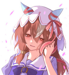 Rule 34 | 1girl, animal ears, blush, breasts, brown hair, collarbone, commentary request, hair between eyes, hair ornament, horse ears, horse girl, looking at viewer, open mouth, petals, portrait, red eyes, school uniform, small breasts, solo, still in love (umamusume), tracen school uniform, translation request, ugatsu matsuki, umamusume, veil, white background