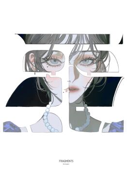 1girl bead_necklace beads commentary dated_commentary grey_eyes grey_hair highres jewelry john_kafka mole mole_under_eye mole_under_mouth mosaic_art necklace original parted_lips portrait short_hair simple_background solo white_background