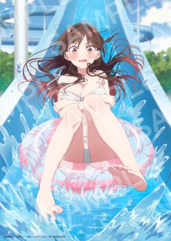 1girl bare_shoulders barefoot bikini breasts brown_hair buoy cleavage commentary_request feet highres kanojo_okarishimasu knees_together_feet_apart knees_up medium_breasts mizuhara_chizuru multicolored_hair official_art sample_watermark soles solo splashing spread_toes swimsuit toenails toes untied_bikini_top water water_slide watermark white_bikini