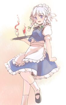 1girl apron black_bow black_bowtie black_shoes blue_eyes blue_skirt blue_vest blush bow bowtie commentary_request foot_out_of_frame frilled_apron frills green_bow hair_bow holding holding_tray izayoi_sakuya knees light_blush maid_headdress mary_janes medium_hair one-hour_drawing_challenge open_mouth puffy_short_sleeves puffy_sleeves rangycrow shirt shoes short_sleeves skirt socks solo spilling touhou tray vest white_apron white_hair white_shirt white_socks yellow_background