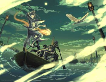Rule 34 | 5boys, akru, bird, boat, braid, fire, gif artifacts, moon, multiple boys, original, river, rowboat, sky, twin braids, water, watercraft, wind