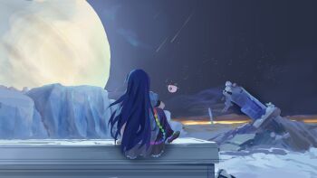 1girl absurdres blue_hair commentary destiny_(game) drone english_commentary europa_(moon) highres hinanawi_tenshi long_hair night night_sky outdoors puffy_short_sleeves puffy_sleeves purple_skirt rainbow_order shirt short_sleeves sitting skirt sky solo star_(sky) touhou very_long_hair white_shirt yorange17