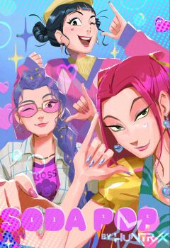 Rule 34 | 3girls, black hair, braid, braided ponytail, celinekim218, commentary, double bun, earrings, english commentary, eyeshadow, fingernails, hair bun, hat, heart, highres, jewelry, kpop demon hunters, long fingernails, long hair, looking at viewer, makeup, mira (kpop demon hunters), multiple girls, one eye closed, pink-tinted eyewear, pink hair, pink lips, pink nails, purple hair, red lips, rumi (kpop demon hunters), sidelocks, smile, song name, sparkle, sweater, tinted eyewear, twintails, yellow hat, zoey (kpop demon hunters)