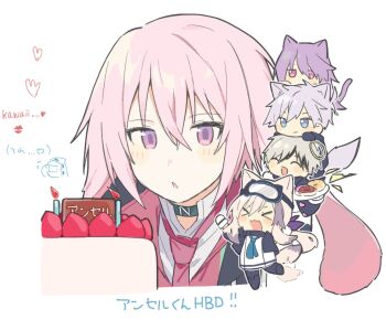 Rule 34 | > <, 1other, 2girls, 3boys, adnachiel (arknights), animal ears, ansel (arknights), arknights, birthday cake, blue eyes, cake, cardigan (arknights), cat ears, cat girl, commentary request, doctor (arknights), dog ears, dog girl, food, goggles, goggles on head, grey hair, halo, happy birthday, highres, maguro kan, melantha (arknights), multiple boys, multiple girls, open mouth, pink eyes, pink hair, purple hair, rabbit boy, rabbit ears, short hair, simple background, steward (arknights), traditional halo, white background, white hair, yellow halo