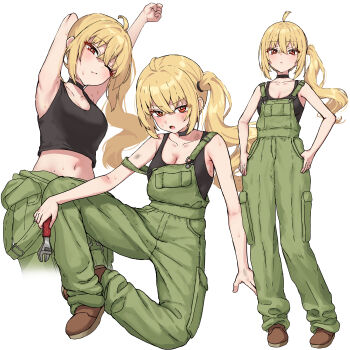 1girl adjustable_wrench armpit_crease black_shirt blonde_hair breasts brown_shoes cleavage commentary_request crop_top green_overalls highres holding holding_wrench long_hair looking_at_viewer luciana_de_montefio midriff multiple_views navel one_eye_closed overalls pensuke red_eyes shirt shoes side_ponytail simple_background sleeveless sleeveless_shirt stretching white_background wrench zenless_zone_zero