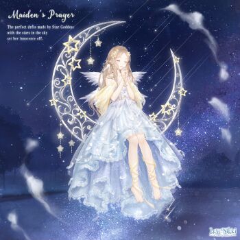 1girl angel angel_wings artist_request asymmetrical_dress bare_shoulders barefoot blue_dress brown_hair character_name closed_eyes closed_mouth collarbone copyright_logo dot_nose dress earrings english_text feather-trimmed_dress feathered_wings feet full_body hair_ornament hairclip happy interlocked_fingers jewelry lace lace-trimmed_dress lace_trim leg_ribbon light_blush light_particles lipstick logo long_dress long_hair maiden&#039;s_prayer_(miracle_nikki) makeup meteor_shower miracle_nikki multiple_wings night night_sky nikki_(series) ocean official_art on_crescent outdoors own_hands_clasped own_hands_together pink_lips ribbon shawl sitting sky smile solo sparkle star_(sky) star_(symbol) star_hair_ornament starry_sky strapless strapless_dress third-party_source toes very_long_hair wavy_hair white_wings wings yellow_ribbon yellow_shawl