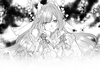 1boy 2girls black_coat coat cyrene_(aedes_elysiae)_(honkai:_star_rail) cyrene_(honkai:_star_rail) cyrene_(ripples_of_past_reverie)_(honkai:_star_rail) dress dual_persona greyscale hair_ornament halo highres holding_hands honkai:_star_rail honkai_(series) kk_(kkgame7733) long_hair monochrome multiple_girls phainon_(a_dream_scented_in_wheat)_(honkai:_star_rail) phainon_(honkai:_star_rail) shirt short_hair shorts smile very_long_hair wheat wheat_field