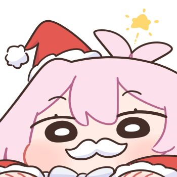 1girl antenna_hair black_eyes bloodymoonia bow bowtie chibi commentary double-parted_bangs english_commentary fake_facial_hair fake_mustache fur-trimmed_sleeves fur_trim hat highres mini_hat mini_santa_hat mumble_(shachimu) no_mouth no_sclera o_o original pink_hair raised_eyebrows santa_hat solid_circle_eyes solid_eyes solo star_(symbol) white_bow white_bowtie