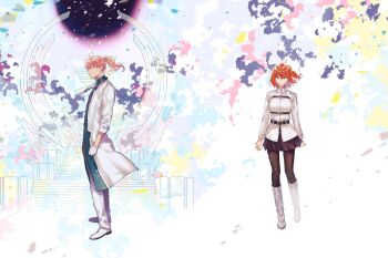 Rule 34 | 1boy, 1girl, ahoge, belt, belt buckle, black belt, black pantyhose, black skirt, boots, buckle, chaldea logo, chaldea uniform, chest belt, command spell, fate/grand order, fate (series), fujimaru ritsuka (female), full body, gloves, highres, id card, jacket, knee boots, lab coat, lanyard, long sleeves, orange eyes, orange hair, pants, pantyhose, pleated skirt, ponytail, romani archaman, shirt, shoes, skirt, wani (mezo), white boots, white gloves, white jacket, white pants, white shirt, white shoes