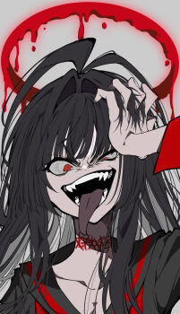 Rule 34 | 1girl, absurdres, ahoge, black hair, blood, blood halo, blue archive, choker, collarbone, commentary request, dot nose, fangs, halo, highres, liquid halo, long hair, open mouth, overlord m, red eyes, red halo, school uniform, solo, tongue, tongue out, tsurugi (blue archive)