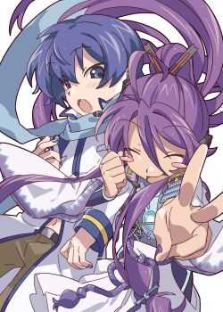 2boys :d :o ^_^ absurdres blue_eyes blue_hair blue_nails blue_scarf blush blush_stickers brown_pants closed_eyes commentary_request eyes_visible_through_hair faux_retro_artstyle floating_clothes floating_hair hair_between_eyes hakama hakama_pants hand_up headphones headset high_ponytail highres japanese_clothes kaito_(vocaloid) kamui_gakupo kirinoha locked_arms long_hair long_sidelocks long_sleeves low-tied_sidelocks male_focus microphone multiple_boys nail_polish navel open_mouth pants ponytail purple_hair purple_nails scarf short_hair sidelocks simple_background smile v very_long_hair very_long_sidelocks vocaloid white_background white_hakama wide_sleeves