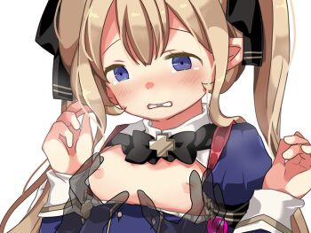 1boy 1girl ariel_(oukoku_no_shugo_tenshi) black_bow blue_dress blue_eyes blush bow bowtie breasts breath brown_hair clenched_teeth close-up clothes_pull disembodied_hand dress dress_pull game_cg hair_between_eyes half-closed_eyes hands_up hikaru_(sgst) inverted_nipples juliet_sleeves large_variant_set long_hair long_sleeves looking_down nipple_rub nipple_stimulation nipples non-web_source oukoku_no_shugo_tenshi pointy_ears puffy_sleeves raised_inner_eyebrows see-through_body sidelocks simple_background small_breasts tareme teeth torogao transparent_background twintails upper_body variant_set very_long_hair wavy_mouth