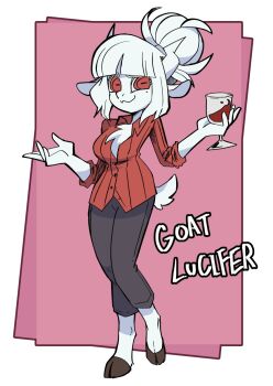 1girl black_pants cup demon_girl demon_horns drinking_glass furry furry_female goat goat_tail harpoonmori helltaker highres hooves horizontal_pupils horns looking_away lucifer_(helltaker) mole mole_under_eye pants red_eyes red_shirt shirt smug tail white_fur white_hair white_horns wine_glass