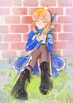 Rule 34 | 1girl, absurdres, ahoge, armor, artoria pendragon (fate), black boots, black ribbon, blonde hair, blue bow, blue bowtie, blue dress, blue flower, boots, bow, bowtie, breasts, brick wall, brown pantyhose, cleavage cutout, closed eyes, closed mouth, clothing cutout, commentary, dress, english commentary, excalibur (fate/stay night), fate/stay night, fate/unlimited blade works, fate (series), flower, frills, full body, grass, hair bow, hand up, highres, holding, holding sword, holding weapon, honkai: star rail, honkai (series), juliet sleeves, long sleeves, mandarin collar, medium breasts, outdoors, pantyhose, philo hana, puffy sleeves, purple flower, ribbon, saber (fate), saber (honkai: star rail) (fate), shadow, short hair, shoulder armor, sidelocks, sitting, solo, sword, two-tone dress, weapon, white dress