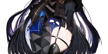 Rule 34 | 1girl, absurdres, between thighs, black hair, canvas sensei, close-up, commentary, head between thighs, head out of frame, highres, hololive, hololive english, jailbird (nerissa ravencroft), long hair, lower body, nerissa ravencroft, open mouth, sweat, symbol-only commentary, thigh focus, thighs, very long hair, virtual youtuber