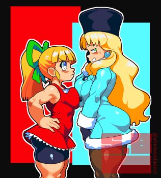 2girls alternate_breast_size_(larger) aqua_coat artist_name ass asymmetrical_docking bike_shorts blonde_hair blue_eyes blush breast_contest breast_press breasts brown_pantyhose coat commentary dress earrings english_commentary from_side fur_hat fur_trim gloves green_eyes green_ribbon hair_ribbon hands_on_own_hips hat highres jewelry kalinka_cossack_(mega_man) long_hair mega_man_(classic) mega_man_(series) multiple_girls pantyhose papakha ponytail red_dress ribbon robot_girl roll_(mega_man) shinbeedabest smile very_long_hair white_gloves