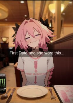 1boy absurdres astolfo_(fate) black_bow blurry blurry_background blush bow braid braided_ponytail commentary english_commentary english_text fang fate_(series) fork hair_between_eyes hair_bow highres indoors long_hair looking_at_viewer male_focus monster_energy pink_hair plate pov_dating print_shirt purple_eyes ryzz_ryzz shirt short_sleeves single_braid skin_fang smile snapchat solo t-shirt trap upper_body white_shirt