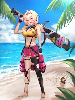 1girl absurdres ahoge bandaged_arm bandages barefoot beach black_collar black_gloves black_thighhighs blonde_hair breasts cleavage cloud coconut_hair_ornament collar earrings fingerless_gloves gloves goggles goggles_around_neck hair_ornament headband highres holding holding_wrench indie_virtual_youtuber jewelry koko_d._nuts likuo long_hair low_twintails midriff monkey monkey_girl multicolored_hair navel ocean open_mouth pink_eyes pink_hair pink_headband pink_skirt pleated_skirt shadow single_thighhigh skirt sky streaked_hair suspenders tan thighhighs twintails virtual_youtuber wrench