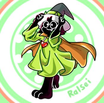 Rule 34 | 1boy, barefoot, black fur, cape, character name, commentary request, cosplay, crossover, deltarune, dragon quest, dragon quest iii, fang, floating clothes, full body, goat boy, green robe, hat, heart, heart necklace, highres, horns, jewelry, mage (dq3), mage (dq3) (cosplay), male focus, necklace, orange cape, ralsei, ralsei (hat), robe, round eyewear, sekiyu petroleum, simple background, solo, utdr (toby fox), witch hat, wizard