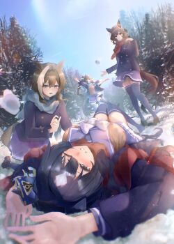 Rule 34 | 4girls, absurdres, animal ears, blue coat, blue eyes, blue hair, blue scarf, blush, braid, braided hair rings, breasts, brown cardigan, brown hair, buttons, cardigan, cheval grand (umamusume), closed eyes, closed mouth, coat, commentary request, double-breasted, ear covers, ears through headwear, fallen down, gentildonna (umamusume), hair between eyes, hair ornament, hair rings, hat, heart-shaped ornament, heart ear ornament, highres, horse ears, horse girl, horse tail, jumping, kohakuno, large breasts, long hair, mole, mole under eye, multicolored hair, multiple girls, one eye closed, open clothes, open coat, open mouth, outdoors, purple eyes, purple serafuku, purple skirt, purple thighhighs, red scarf, ribbon, scarf, school uniform, serafuku, single ear cover, skirt, smile, snow, snowball, streaked hair, tail, thighhighs, tracen school uniform, tracen winter coat, twintails, umamusume, v sisters, verxina (umamusume), vivlos (umamusume), white hat, winter clothes, winter coat, winter uniform