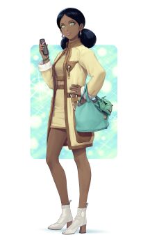 1girl absurdres bag bindi black_hair boots coat commentary_request dark-skinned_female dark_skin earrings elmeth full_body green_eyes gundam high_heel_boots high_heels highres holding holding_phone jewelry lalah_sune mobile_suit_gundam open_clothes open_coat pantyhose parted_lips phone sakkan skirt solo