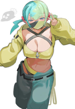 Rule 34 | 1girl, bandeau, belt, black pants, blonde hair, blue hair, blue pants, breasts, canari (pokemon), cleavage, dark-skinned female, dark skin, highres, jacket, large breasts, long sleeves, looking at viewer, mask, medium hair, mouth mask, multicolored hair, navel, nintendo, pants, pokemon, pokemon legends: z-a, purple eyes, sharekoube, solo, split-color hair, thighs, twintails, two-tone mask, two-tone pants, v, yellow bandeau, yellow jacket