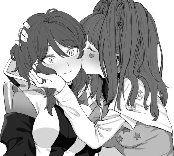 2girls absurdres closed_mouth gina_(gnosia) gloves gnosia hair_between_eyes heterochromia highres hood hoodie hug kiss long_hair long_sleeves looking_at_viewer multiple_girls purple_hair sabiiiii simple_background smile sq_(gnosia) upper_body wavy_hair