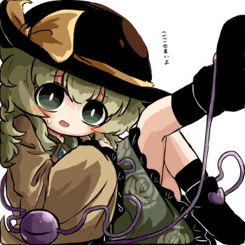 1girl black_hat black_shoes commentary_request contrast_collar green_eyes green_hair green_skirt hair_between_eyes hat hat_ribbon heripantomorrow komeiji_koishi long_sleeves looking_at_viewer parted_lips ribbon shirt shoes simple_background skirt solo sweatdrop third_eye touhou translation_request white_background wide_sleeves yellow_ribbon yellow_shirt