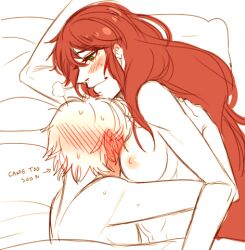 Rule 34 | 1boy, 1girl, aftersex, blush, breasts, green eyes, in bed, jaune arc, large breasts, nude, pyrrha nikos, red hair, rwby