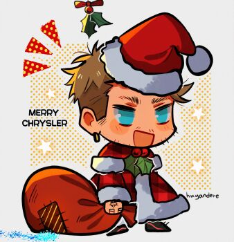 Rule 34 | 1boy, absurdres, animification, aqua eyes, artist name, blonde hair, blush stickers, breaking bad, christmas, coat, commentary, english commentary, english text, full body, fur-trimmed coat, fur trim, hat, highres, holding, holding sack, huyandere, jesse pinkman, male focus, meme, merry christmas, mistletoe, open mouth, padoru (meme), red coat, sack, santa costume, santa hat, short hair, solo, star (symbol), white fur