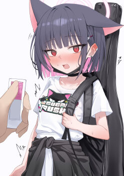 1girl 1other @_@ ^^^ absurdres arm_at_side black_choker black_hair blue_archive blunt_bangs blunt_ends blush choker clothes_around_waist collarbone colored_inner_animal_ears colored_inner_hair commentary controller cowboy_shot ear_blush earclip earrings embarrassed extra_ears eyelashes guitar_case hair_behind_ear hair_ornament hairclip halo hand_up highres holding holding_remote_control implied_masturbation implied_vibrator instrument_case jewelry kazusa_(band)_(blue_archive) kazusa_(blue_archive) looking_at_viewer medium_hair multicolored_hair nose_blush official_alternate_costume open_mouth pink_hair pink_halo pov pov_hands red_eyes remote_control shirt short_sleeves simple_background solo_focus stud_earrings sweat symbol-only_commentary t-shirt tsurime twitching two-tone_hair wendao white_background white_shirt