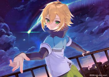 1boy absurdres blonde_hair blue_jacket closed_mouth cloud collarbone collared_jacket cowboy_shot cure_heart_(artist) flipped_hair from_behind full_moon green_eyes green_pants grey_shirt hair_between_eyes hand_on_railing highres jacket layered_sleeves long_sleeves looking_at_viewer looking_back male_focus moon night night_sky nijisanji pants plaid_clothes plaid_jacket railing reaching reaching_towards_viewer ribbed_shirt shirt shooting_star short_hair short_over_long_sleeves short_sleeves sidelocks sky sleeves_past_wrists solo standing town twitter_username uzuki_kou uzuki_kou_(1st_costume) virtual_youtuber white_jacket