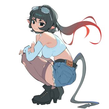 animal_ear_piercing animal_ears bea_lenoir black_choker black_hair boots choker crop_top denim denim_shorts eyewear_on_head fang high_heel_boots high_heels highres jane_doe_(zenless_zone_zero) mouse_ears shorts skin_fang spiked_tail squatting tail thighhighs zenless_zone_zero