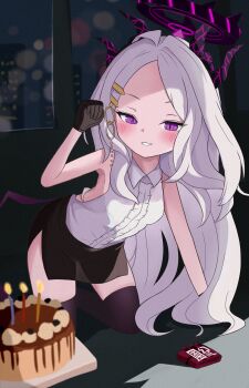 1girl ahoge armpits birthday_cake black_halo black_skirt blue_archive blush breasts building cake demon_girl demon_horns demon_wings food halo highres hina_(blue_archive) horns indoors ko-no long_hair looking_at_viewer low_wings purple_eyes skirt small_breasts very_long_hair white_hair wings