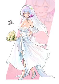 1girl alternate_costume blush bouquet breasts bridal_veil colored_inner_hair commentary covered_navel dress flower gloves goddess_of_victory:_nikke grey_hair high_heels highres holding holding_bouquet ice_bear large_breasts liliweiss_(nikke) looking_at_viewer multicolored_hair pink_hair shoes short_hair signature smile solo strapless strapless_dress two-tone_hair veil wedding_dress white_dress white_gloves white_shoes