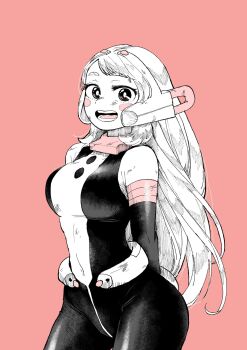 1girl alternate_hair_length alternate_hairstyle arms_behind_back ass blush boku_no_hero_academia breasts groin headdress headgear highres hurt large_breasts long_hair looking_at_viewer navel open_mouth pink_background saburou_(326xxx1) scratches simple_background smile solo teeth tight_clothes tongue uraraka_ochako