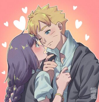1boy 1girl ariamikukanzaki black_jacket blonde_hair blue_eyes blush boruto:_two_blue_vortex bracelet braid commentary facial_mark hand_on_another&#039;s_chin heart height_difference hetero jacket jewelry kakei_sumire low_twin_braids naruto_(series) one_eye_closed puffy_short_sleeves puffy_sleeves purple_eyes purple_hair scar scar_across_eye scar_on_face shirt short_sleeves twin_braids uzumaki_boruto whisker_markings white_shirt